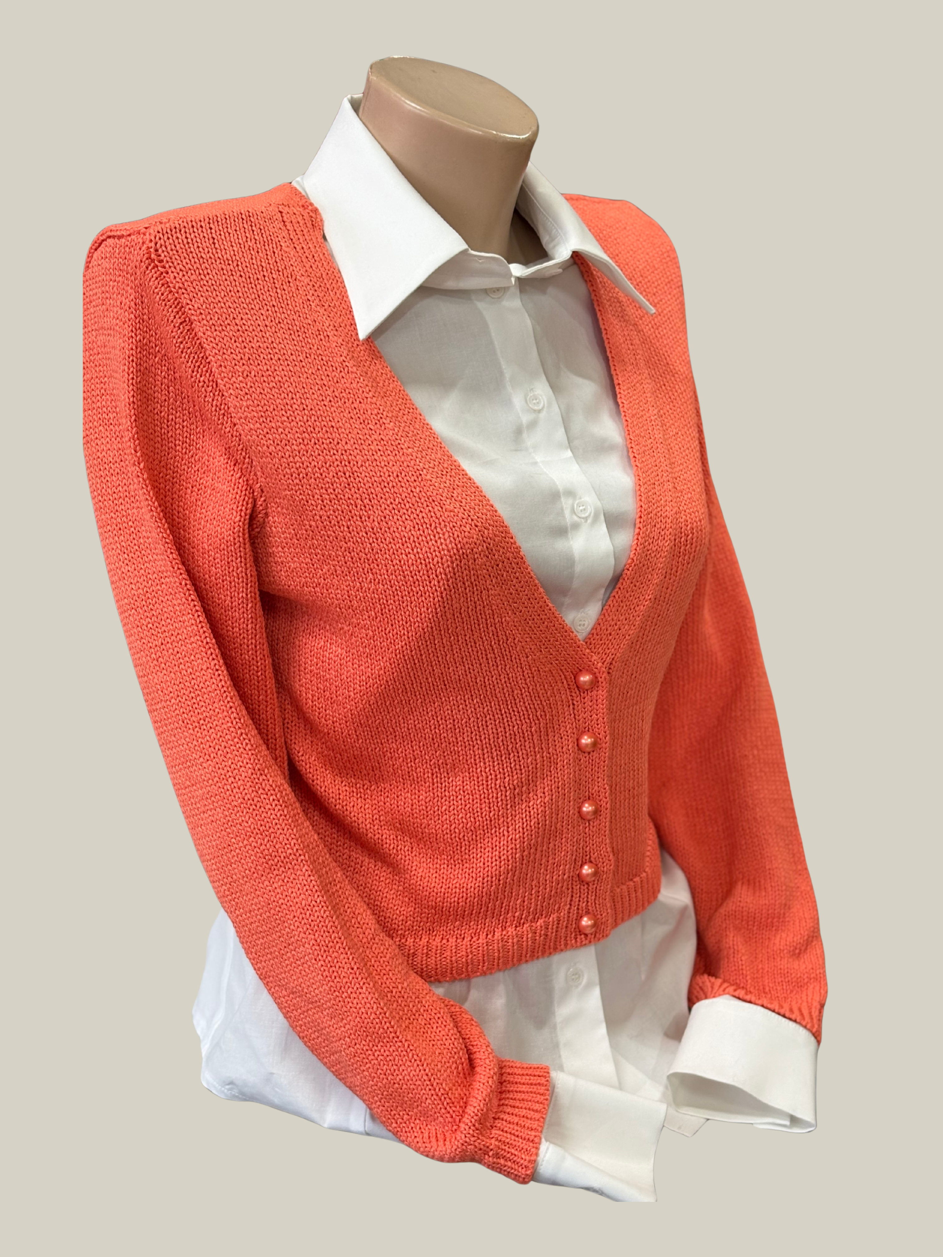 Cardigan coral cu cămașă albă
